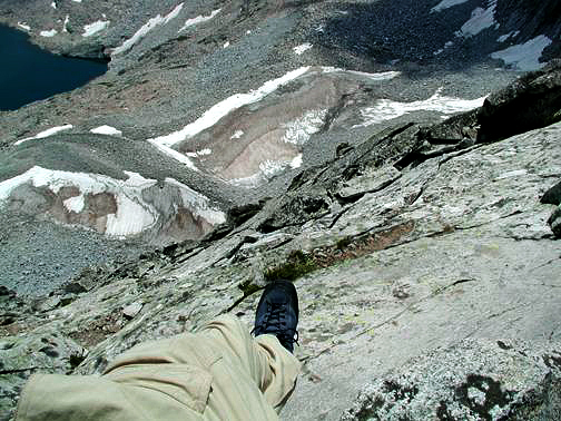 View down from straddling the Knife Edge on Capitol Peak